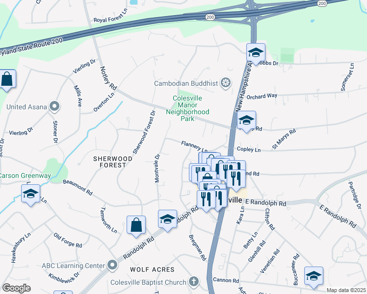map of restaurants, bars, coffee shops, grocery stores, and more near 305 Flannery Lane in Silver Spring