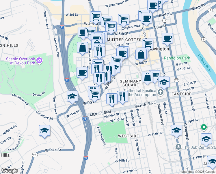 map of restaurants, bars, coffee shops, grocery stores, and more near 337 West Pike Street in Covington