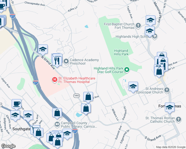 map of restaurants, bars, coffee shops, grocery stores, and more near 50 Azalea Terrace in Fort Thomas