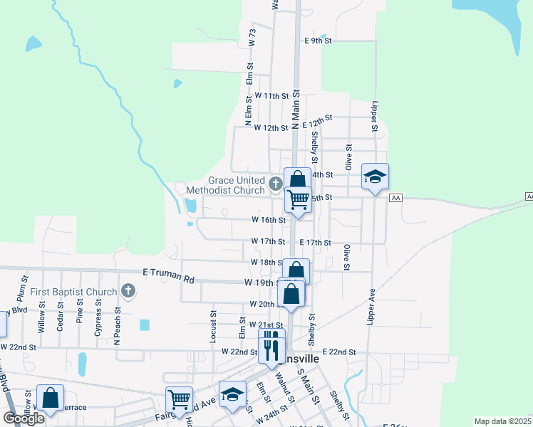 map of restaurants, bars, coffee shops, grocery stores, and more near 1504 Walnut Street in Higginsville