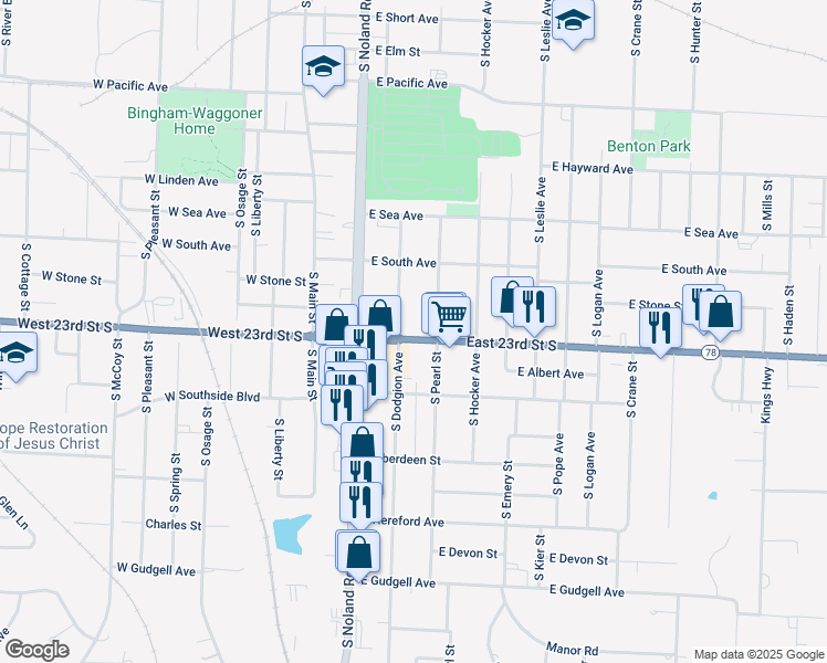 map of restaurants, bars, coffee shops, grocery stores, and more near 306 East 23rd Street South in Independence