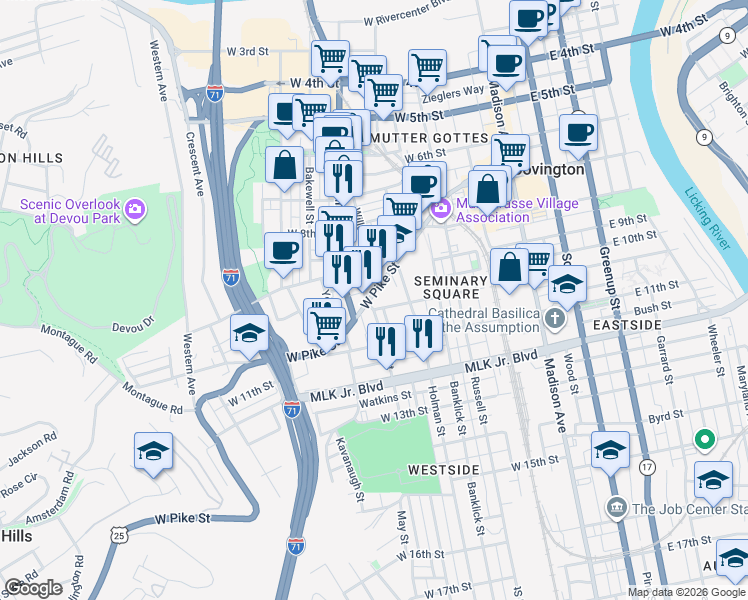 map of restaurants, bars, coffee shops, grocery stores, and more near 337 West Pike Street in Covington