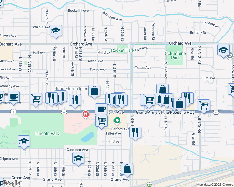 map of restaurants, bars, coffee shops, grocery stores, and more near 2601 Kennedy Court in Grand Junction