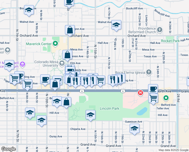 map of restaurants, bars, coffee shops, grocery stores, and more near 1308 North 15th Street in Grand Junction