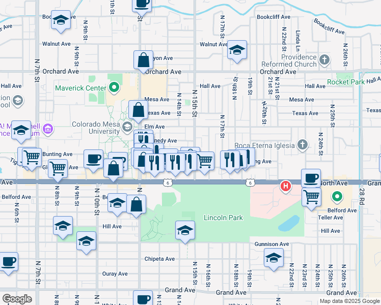 map of restaurants, bars, coffee shops, grocery stores, and more near 1308 North 15th Street in Grand Junction