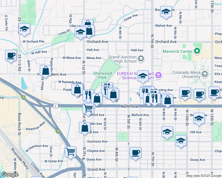 map of restaurants, bars, coffee shops, grocery stores, and more near 315 Kennedy Avenue in Grand Junction