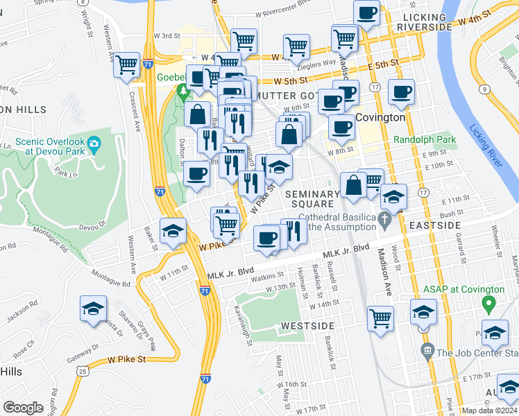 map of restaurants, bars, coffee shops, grocery stores, and more near 337 West Pike Street in Covington