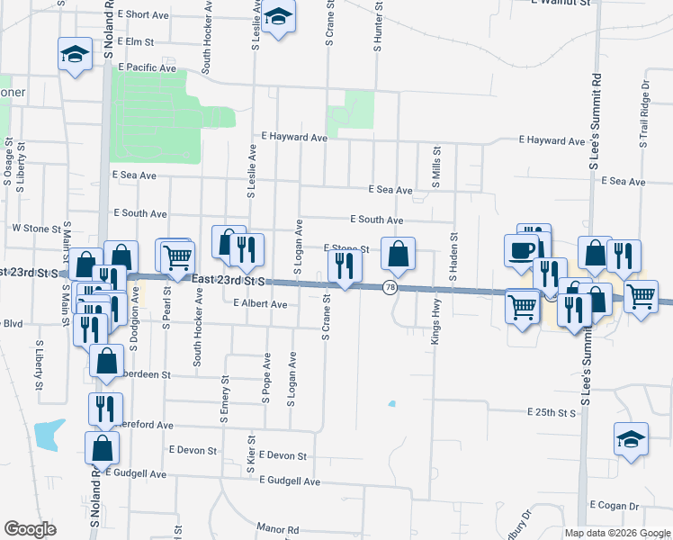 map of restaurants, bars, coffee shops, grocery stores, and more near 927 East Stone Street in Independence