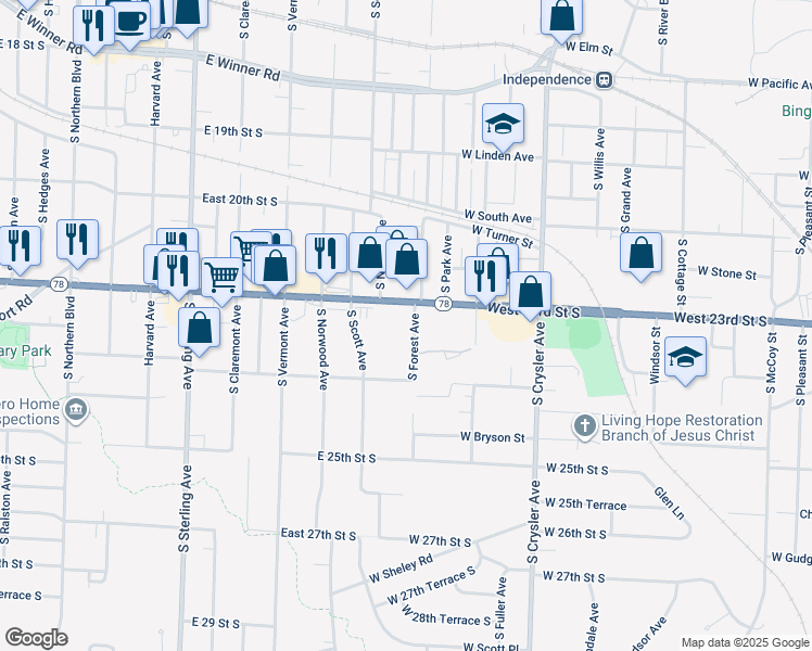 map of restaurants, bars, coffee shops, grocery stores, and more near 1643 West 23rd Street South in Independence