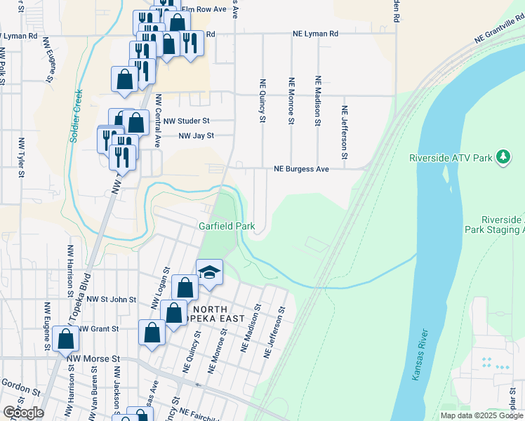 map of restaurants, bars, coffee shops, grocery stores, and more near 113 Northeast Burgess Street in Topeka