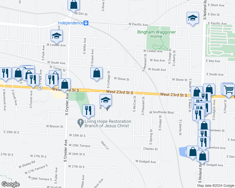 map of restaurants, bars, coffee shops, grocery stores, and more near 1115 South Union Street in Independence