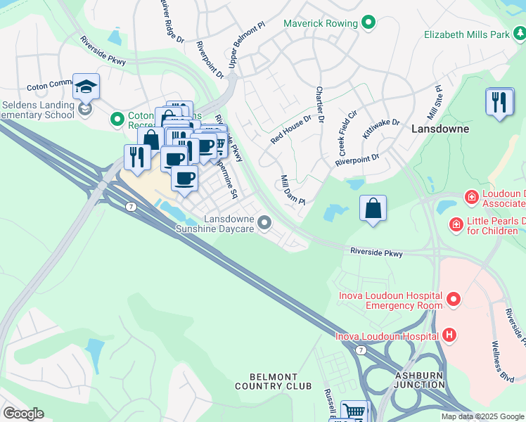 map of restaurants, bars, coffee shops, grocery stores, and more near 19406 Susquehanna Square in Leesburg