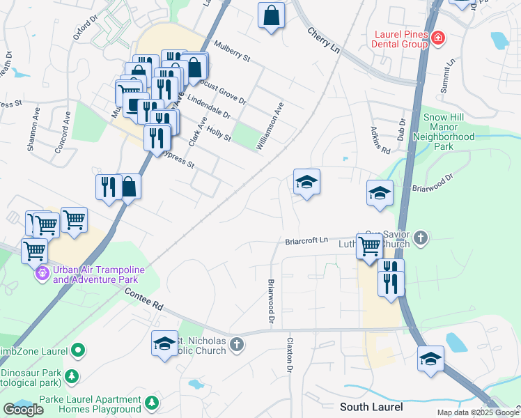 map of restaurants, bars, coffee shops, grocery stores, and more near 8606 Tupelo Avenue in Laurel