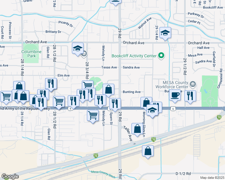 map of restaurants, bars, coffee shops, grocery stores, and more near 115 Epps Drive in Grand Junction