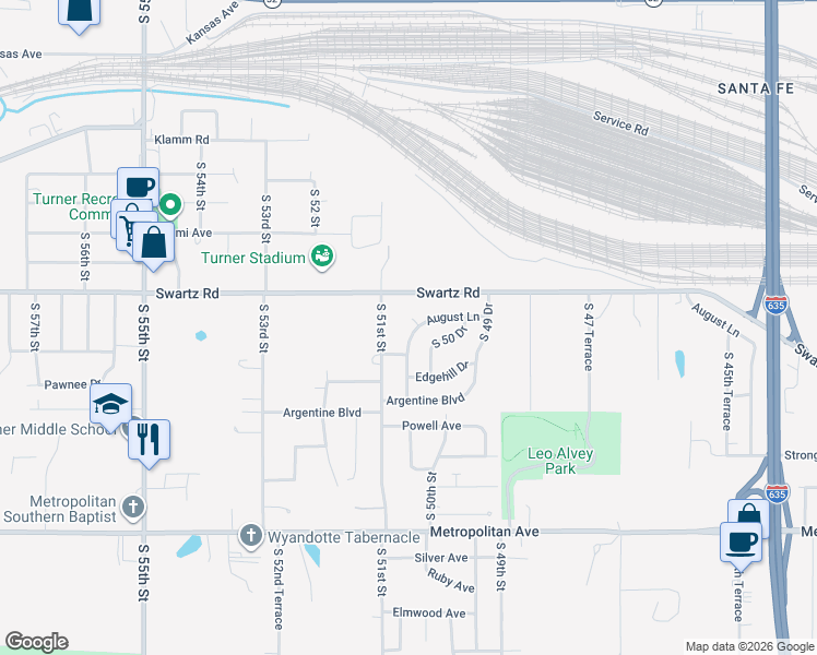map of restaurants, bars, coffee shops, grocery stores, and more near 5028 August Court in Kansas City