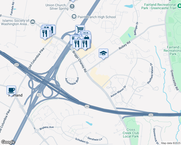 map of restaurants, bars, coffee shops, grocery stores, and more near 3200 Briggs Chaney Road in Silver Spring