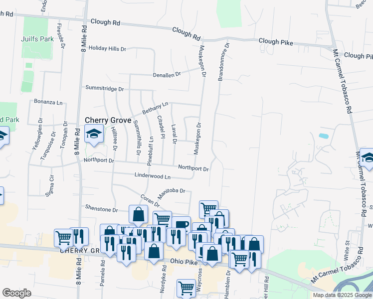 map of restaurants, bars, coffee shops, grocery stores, and more near 8676 Fordham Court in Cincinnati