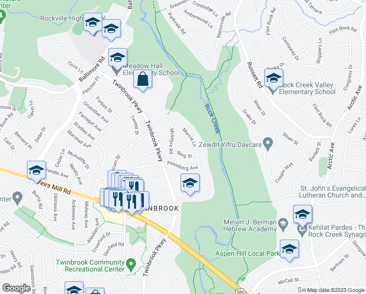 map of restaurants, bars, coffee shops, grocery stores, and more near 4 Marcia Court in Rockville