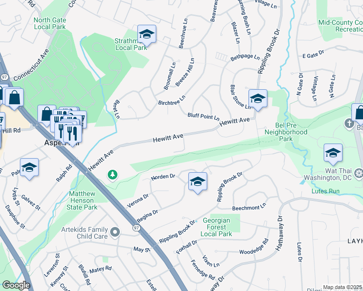 map of restaurants, bars, coffee shops, grocery stores, and more near 3026 Hewitt Avenue in Aspen Hill