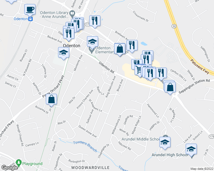 map of restaurants, bars, coffee shops, grocery stores, and more near 1231 Scott Lane in Odenton
