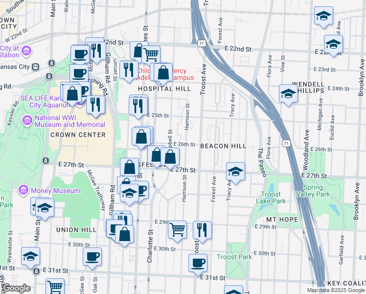 map of restaurants, bars, coffee shops, grocery stores, and more near 2600 Harrison Street in Kansas City