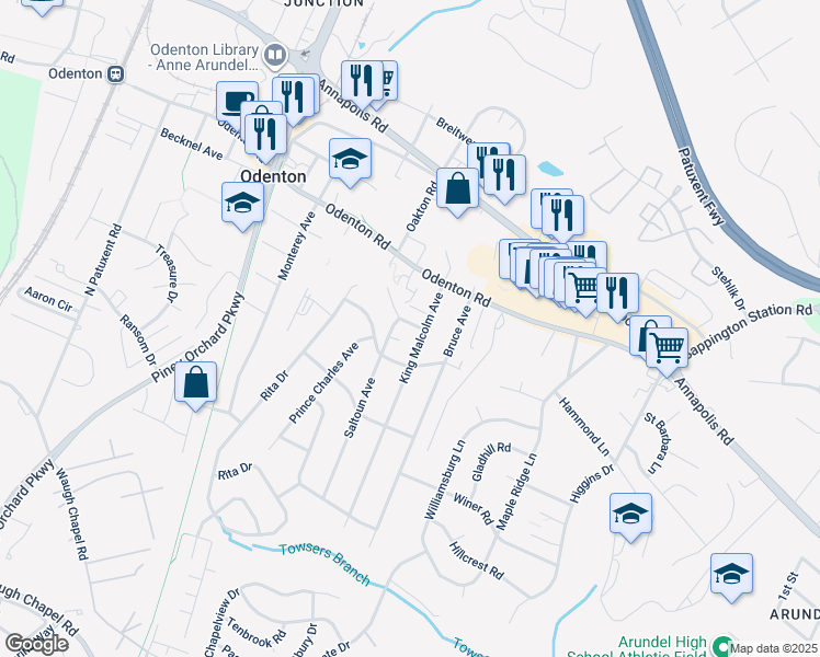 map of restaurants, bars, coffee shops, grocery stores, and more near 1231 Scots Lane in Odenton