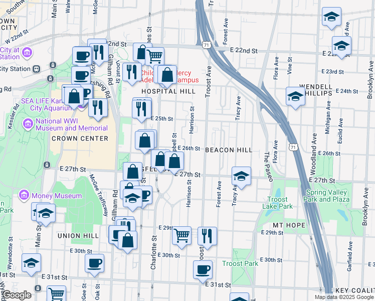 map of restaurants, bars, coffee shops, grocery stores, and more near 2600 Harrison Street in Kansas City