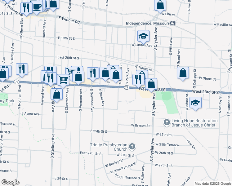 map of restaurants, bars, coffee shops, grocery stores, and more near 2310 South Forest Avenue in Independence