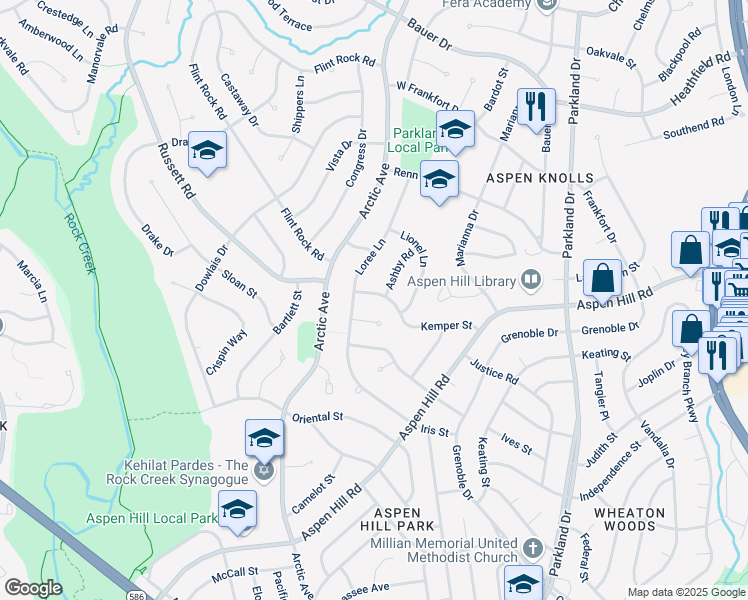 map of restaurants, bars, coffee shops, grocery stores, and more near 4812 Kemper Street in Rockville