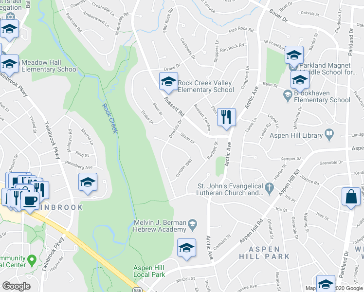 map of restaurants, bars, coffee shops, grocery stores, and more near 13511 Crispin Way in Rockville