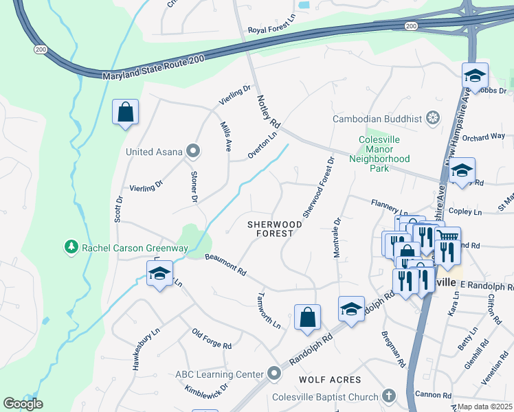 map of restaurants, bars, coffee shops, grocery stores, and more near 13601 Kushner Court in Silver Spring