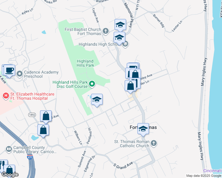 map of restaurants, bars, coffee shops, grocery stores, and more near 56 Mayfield Ave in Fort Thomas
