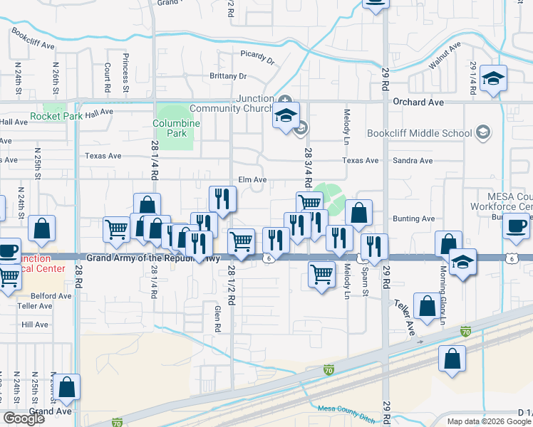 map of restaurants, bars, coffee shops, grocery stores, and more near 2857 1/2 Bunting Avenue in Grand Junction