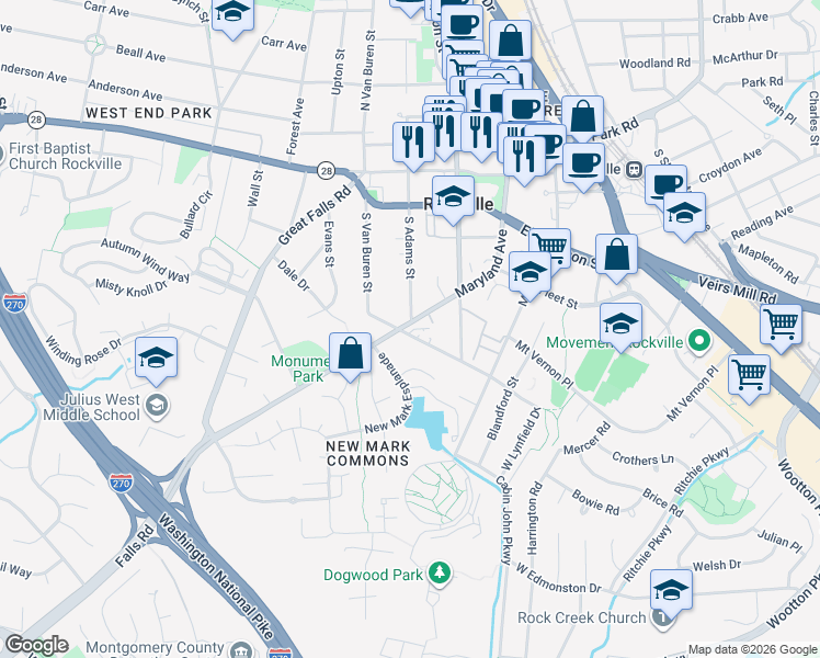 map of restaurants, bars, coffee shops, grocery stores, and more near 38 Maryland Avenue in Rockville