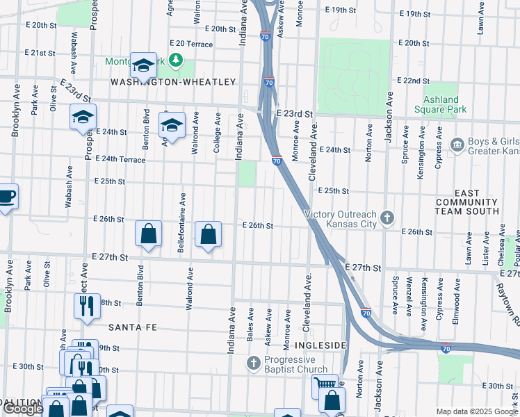 map of restaurants, bars, coffee shops, grocery stores, and more near 2527 Bales Avenue in Kansas City