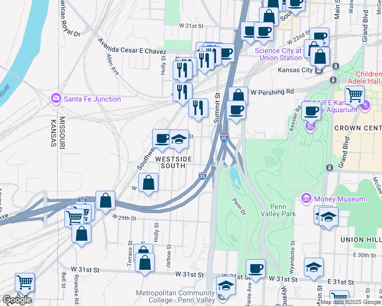 map of restaurants, bars, coffee shops, grocery stores, and more near 2629 Belleview Avenue in Kansas City