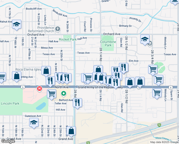 map of restaurants, bars, coffee shops, grocery stores, and more near 506 Eastgate Court in Grand Junction