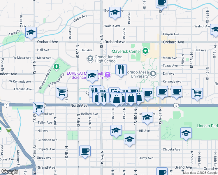 map of restaurants, bars, coffee shops, grocery stores, and more near 762 Bunting Avenue in Grand Junction