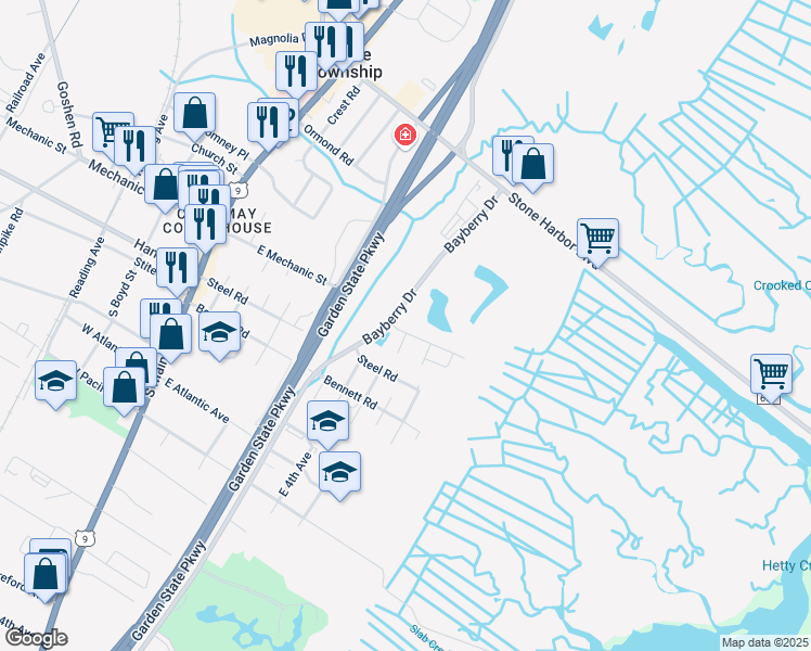 map of restaurants, bars, coffee shops, grocery stores, and more near 1 Sanderling Court in Cape May County