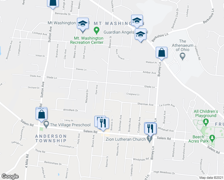 map of restaurants, bars, coffee shops, grocery stores, and more near 6 Cottage Court in Cincinnati