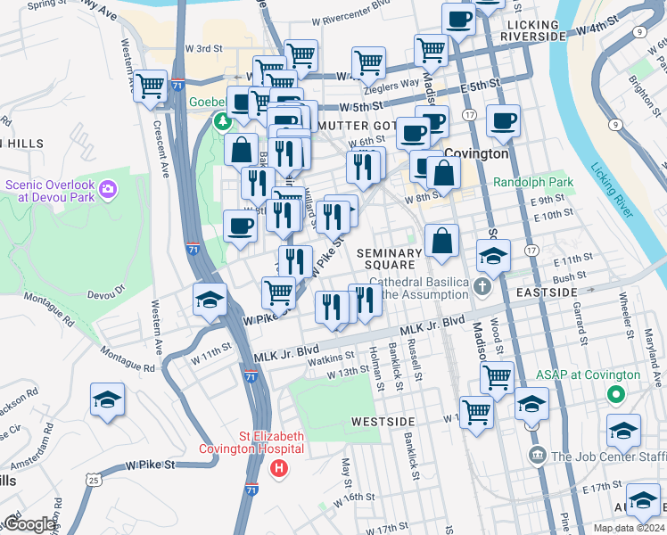 map of restaurants, bars, coffee shops, grocery stores, and more near 337 West Pike Street in Covington