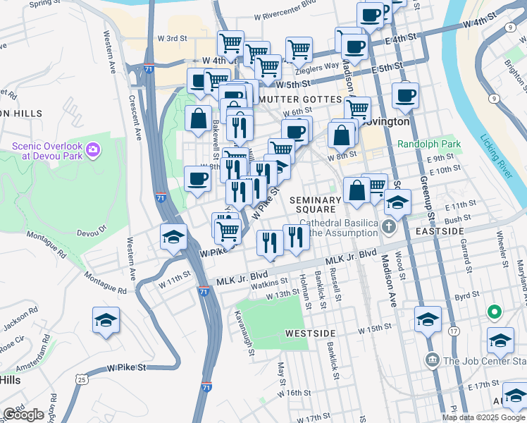 map of restaurants, bars, coffee shops, grocery stores, and more near 337 West Pike Street in Covington