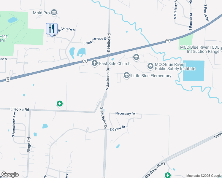 map of restaurants, bars, coffee shops, grocery stores, and more near 2107 South Holke Road in Independence