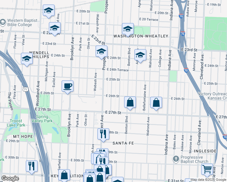 map of restaurants, bars, coffee shops, grocery stores, and more near 2531 Montgall Avenue in Kansas City
