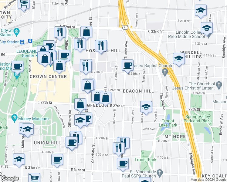 map of restaurants, bars, coffee shops, grocery stores, and more near 2601 Harrison Street in Kansas City