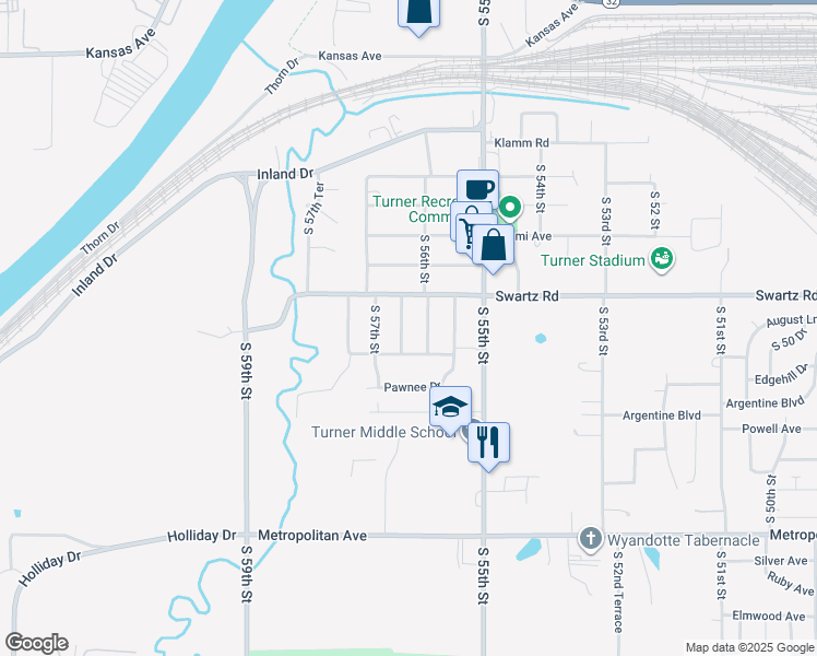 map of restaurants, bars, coffee shops, grocery stores, and more near 1026 South 56th Terrace in Kansas City