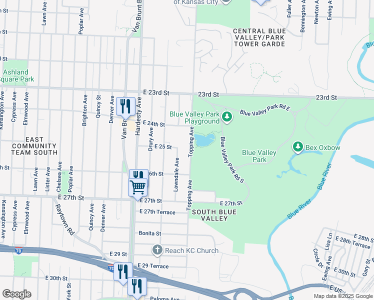 map of restaurants, bars, coffee shops, grocery stores, and more near 2500 Topping Avenue in Kansas City
