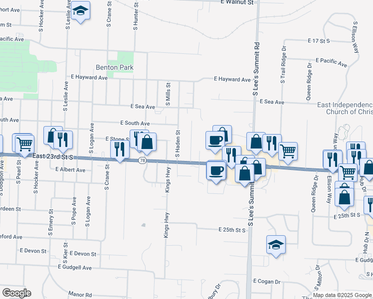 map of restaurants, bars, coffee shops, grocery stores, and more near 1114 Woodbury Street in Independence
