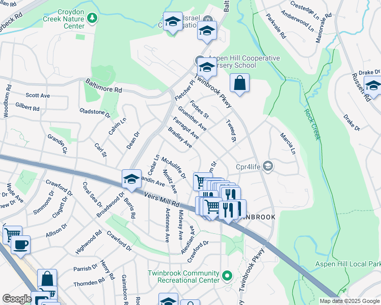 map of restaurants, bars, coffee shops, grocery stores, and more near 1627 Marshall Avenue in Rockville