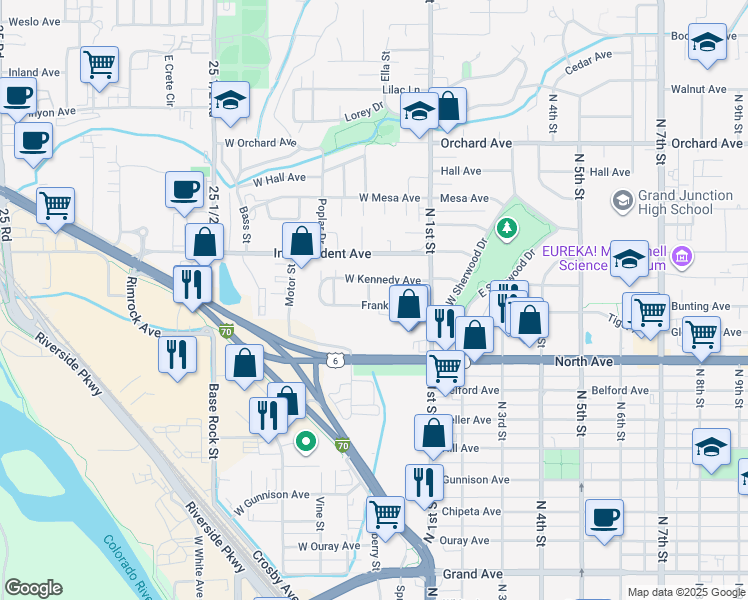 map of restaurants, bars, coffee shops, grocery stores, and more near 1306 Juniper Street in Grand Junction